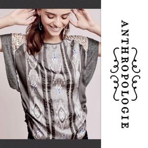 Anthropologie Tiny metallic lace short sleeved silky tee shirt top